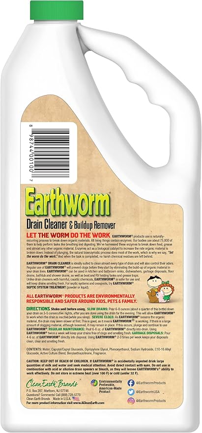 Earthworm Drain Cleaner - Clog Remover - Drain Opener/Deodorizer - Natural Enzymes, Safer for Families, Environmentally Responsible - 32 fl oz