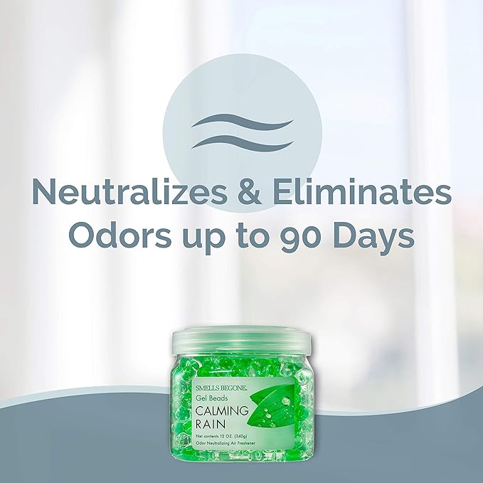 SMELLS BEGONE Odor Eliminator Gel Beads - 12 oz, Pack of 6 - Eliminates Odor in Bathrooms, Cars, Boats, RVs & Pet Areas - Air Freshener - Made with Essential Oils - Calming Rain Scent
