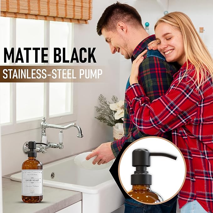 2 Pack Amber Glass Soap Dispenser 16 OZ with Matte Black Stainless Steel Pump, Hand and Dish Soap Dispenser Set for Bathroom and Kitchen Sink with 6 Waterproof Labels