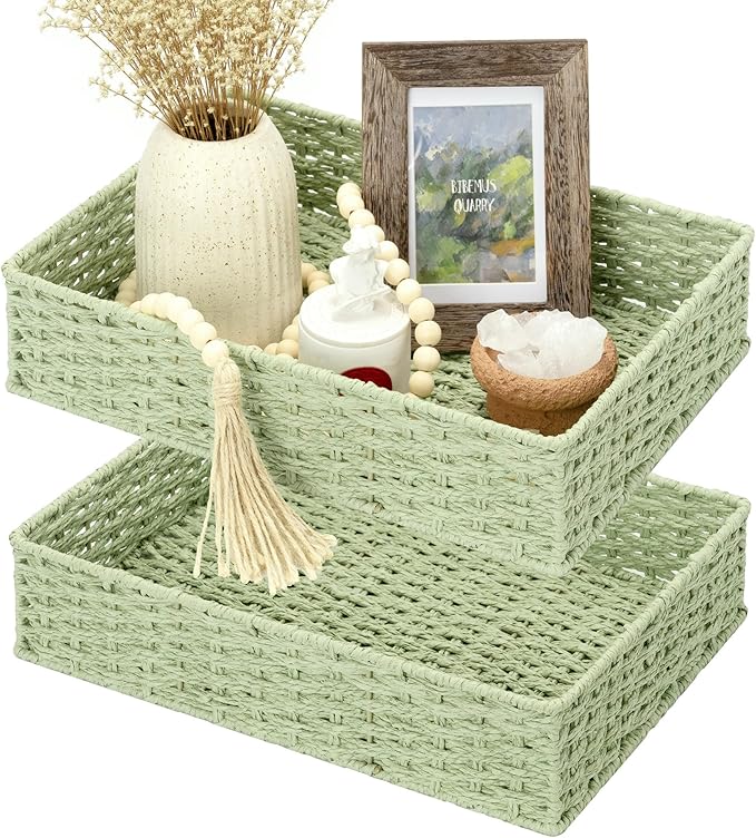 StorageWorks Bathroom Vanity Tray for Countertop, Bathroom Counter Tray for Decorative, Toilet Paper Baskets, Green, Larger, 2 Pack