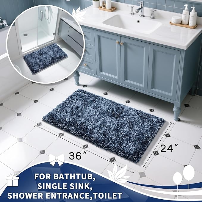Yimobra Large Bathroom Rug Non Slip 36x24 Inch, Extra Thick Soft Absorbent Chenille Bath Mat, Machine Washable Bath Rugs for Bathroom Floor, Tub and Shower, Home Decor Accessories, Light Blue