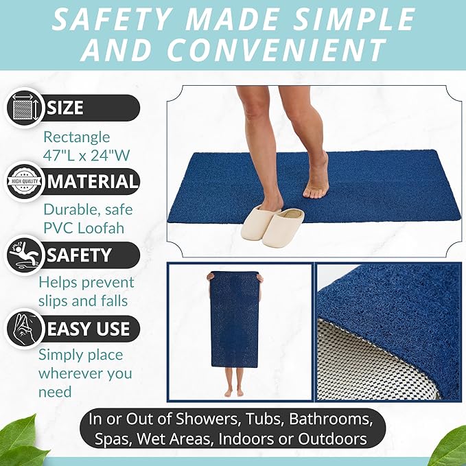 Soft Shower Mat Non Slip - PVC Loofah Inside or Outside Showers, Bathtubs, Bathrooms, and Wet Areas - Safe for Textured Tiled and Smooth Floor - No Suction Cups Secure Anti Slip (Navy 24 x 47)