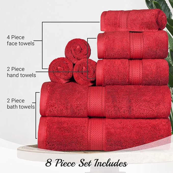 Superior Egyptian Cotton Pile 8 Piece Towel Set, Includes 2 Bath, 2 Hand, 4 Face Towels/Washcloths, Ultra Soft Luxury Towels, Thick Plush Essentials, Guest Bath, Spa, Hotel Bathroom, Red