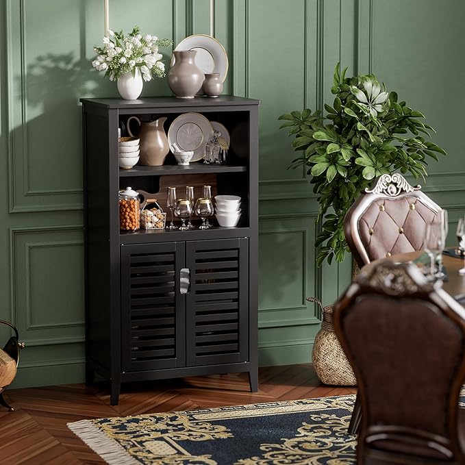 HITNET Black Bathroom Storage Cabinet, Freestanding Bamboo Floor Cabinet 5 Tier Tall Kitchen Cupboard with Door and Removable Shelves