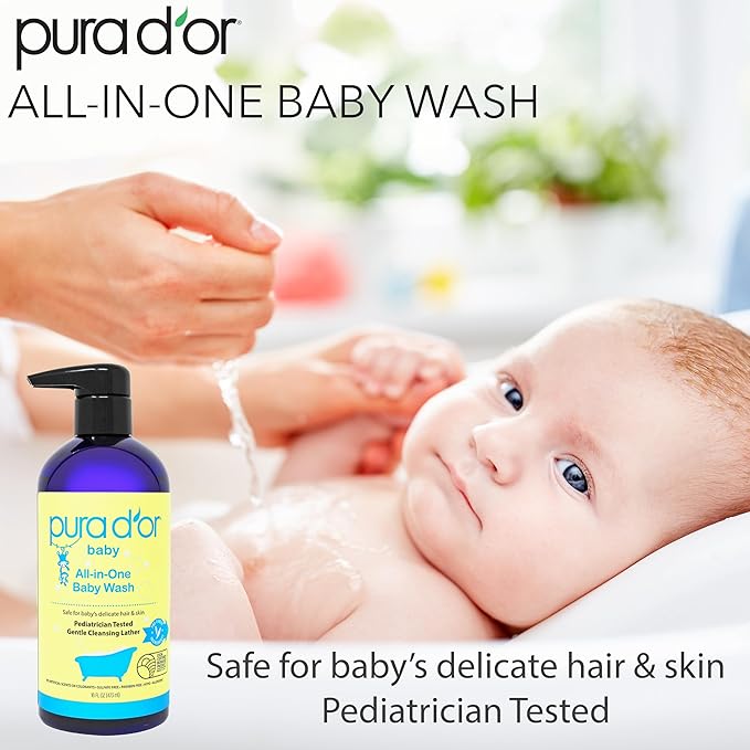 PURA D'OR 16 Oz All-in-One Calming Baby Wash & Shampoo For Hair & Entire Body, Tear Free, Sulfate Free, Natural Aloe Vera, USDA Biobased Gentle Formula