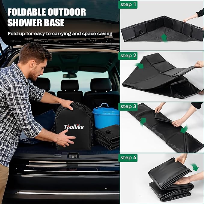 Upgraded Portable Shower Pan, 41" x 41" x 10" Outdoor Shower Base with Detachable Drain Pipe, Foldable Camping Shower Base for Beach, RV, and Indoor