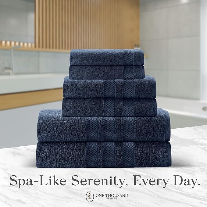 Premium Staple Cotton Bathroom Towel Set - Navy 600 GSM 6-Piece Luxury Bath Towel Set 3 Stripe - 2 Bath Towels, 2 Hand Towels & 2 Washclothes Set - High Absorbent & Quick Dry for Gym, Spa, Hotel