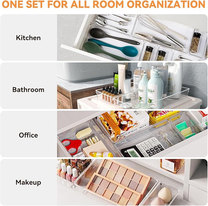 Criusia Utensil Drawer Organizer for Kitchen, 8 Pack Silverware Organizer Utensil Holder, Clear Plastic Drawer Dividers for Flatware, Cutlery, Kitchen Gadgets Accessories, Organizador de Cocina