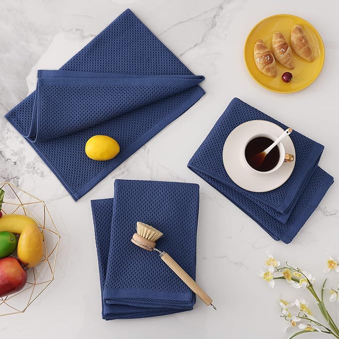 Homaxy 100% Cotton Waffle Weave Kitchen Dish Towels, Ultra Soft Absorbent Quick Drying Cleaning Towel, 20x28 Inches, 8-Pack, Navy Blue