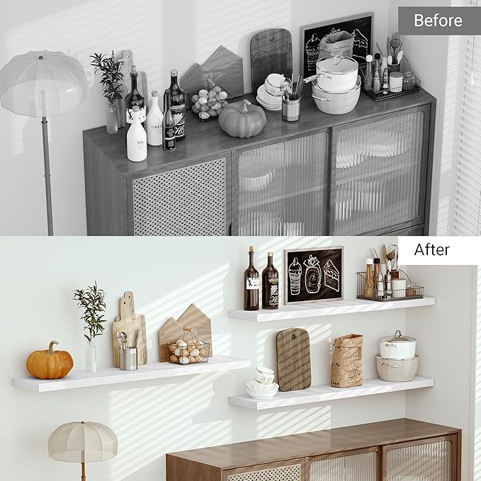 Vivelove 55" Long Floating Shelves for Wall, 10.3" Deeper & Thicker Storage Shelf for Living Room, Kitchen, Farmhouse,Wall Shelves with Invisible Brackets,Set of 1, White