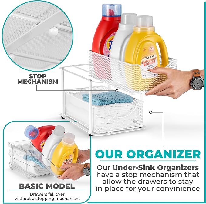 Sorbus 2 Tier Under Sink Bathroom Organizers and Storage, Strong Steel Mesh Sliding Drawers for Enhanced Bathroom Storage Ideal Bathroom Organization and Storage & Under Kitchen Sink Organizer (White)