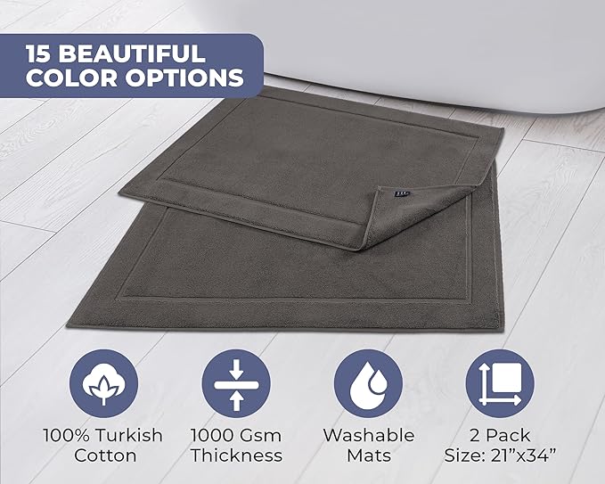 Hawmam Linen Cool Grey Bath Mats, 21 x 34 inches, Pack of 2-100% Ring Spun Cotton,[Not a Bathroom Rug] Banded Design, Highly Absorbent, Machine Washable for Bathroom Floor Towel