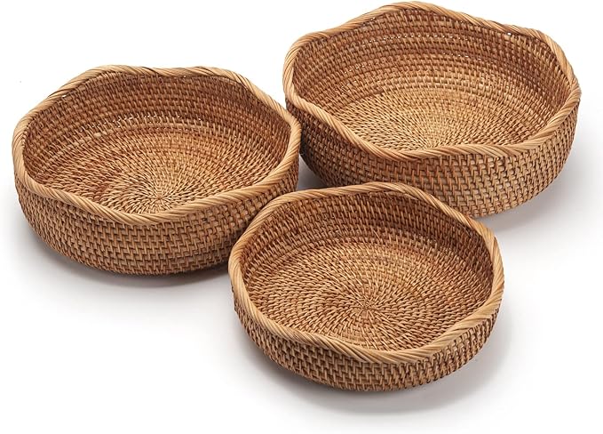 Rattan Bread Baskets Round Woven Fruit Bowls Key Holders Stackable for Storage, Snack, Fruit, Vegetable Natural Set of 3