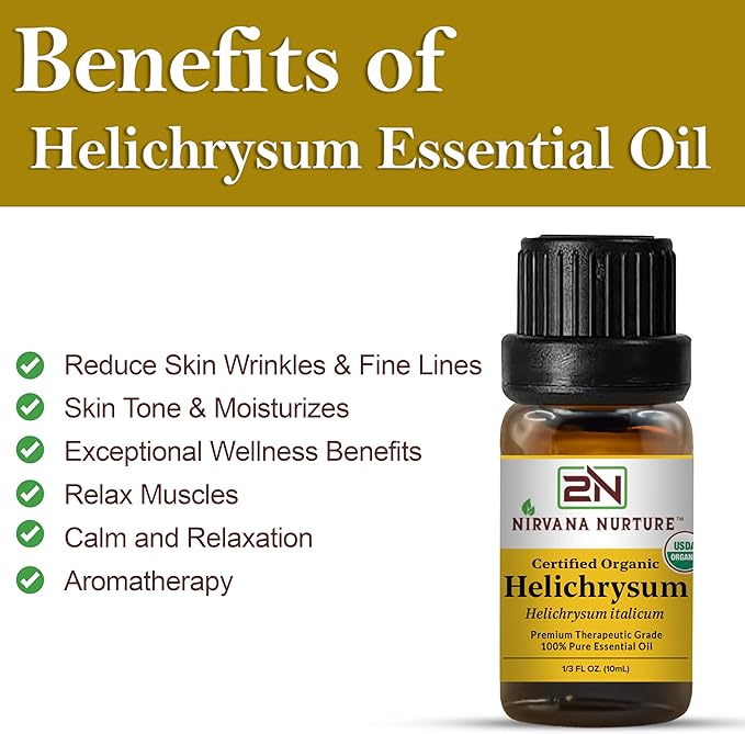 Helichrysum Essential Oil USDA Certified Organic, 100% Pure Natural Premium Grade, Undiluted- Aromatherapy Diffuser for Calm and Relaxation, Skin Care, Hair Care