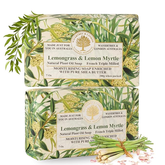 Wavertree & London Lemongrass & Lemon Myrtle Scented Natural Soap (2 Bars), 7oz Moisturizing French Triple Milled Soap Bars enriched with shea butter - Pure Plant Oil Bath & Body Soap Bars
