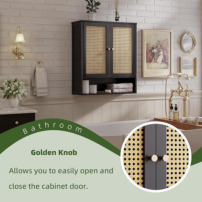 Bathroom Wall Cabinet, Bamboo Over-The-Toilet Storage Organizer with 2 Rattan Doors and Adjustable Shelf, Space Saver Medicine Cabinet for Laundry, Kitchen, Living Room (Black)