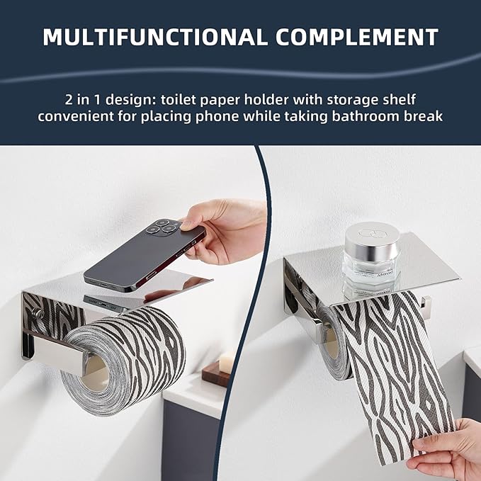 Angle Simple Toilet Paper Holder with Shelf Polished Chrome, 304 Stainless Steel Toilet Tissue Roll Holder Wall Mount