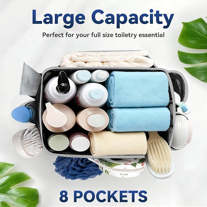 YASONIC Mesh Shower Caddy Portable for Dorm College Room Essentials, 8-Pocket Large Shower Bag with Double Handles, Hanging Shower Basket for Beach, Swimming, Bathroom, Beach, Camp, Gym, Black-Grey