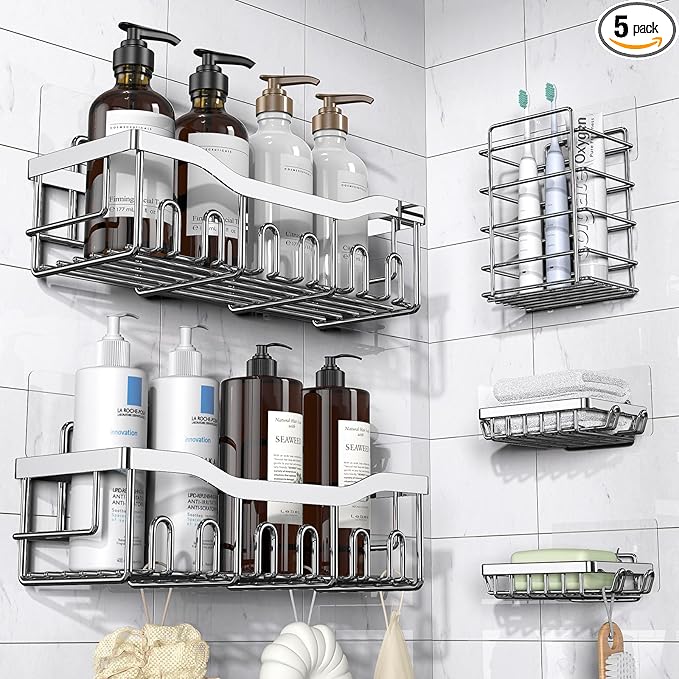 EUDELE 5-Pack Rustproof Stainless Steel Shower Caddy – No Drill Adhesive Bathroom Organizer with Large Capacity, Spacious Shower Shelves for Inside Shower, Kitchen & Home Decor Storage-XL Size