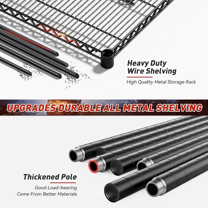 REIBII 60''W Storage Shelves 2399LBS Wire Shelving with Wheels Garage Shelving Heavy Duty Metal Shelves for Storage Rack Adjustable Shelf for Commercial Garage Kitchen, 60" W x 18" D x 65.5" H