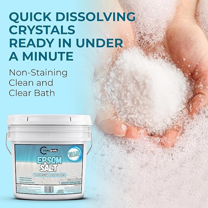 Epsom Salt Bath Soak 15 lb Bucket – Unscented, Pure Epsom Salt Bulk Crystals, Magnesium Sulfate for Full Body or Foot Soaks, Resealable Container with Scoop for Home Bath Use