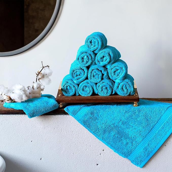 SALBAKOS 100% Turkish Cotton Washcloth Set of 12 13x13 inch | Heirloom Quality | Hotel & Spa Collection | Ultra Soft, Super Absorbent, Washcloth Towels | Made in Turkey (Aqua, 12 Washcloths)