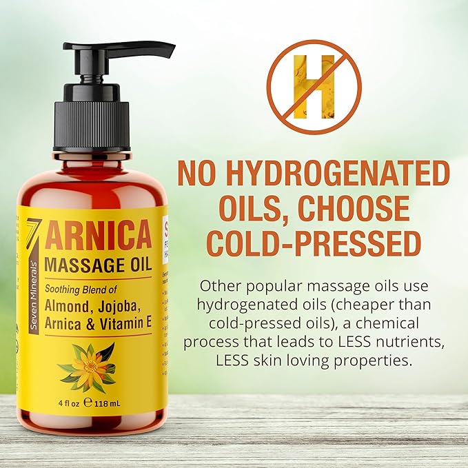 Seven Minerals Arnica Sore Muscle Massage Oil for Massage Therapy - 4 oz - Ideal for Professional or at-Home Body Massage.