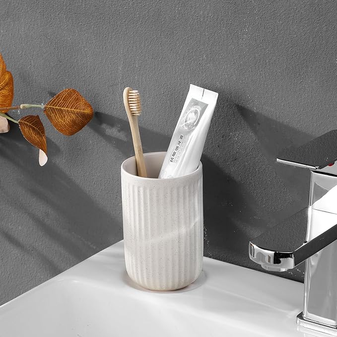 Toothbrush Holders - 2 Cup Ceramic Toothbrush Toothpaste Holders Set, Beige Bathroom Tumbler Cups Reusable Toothbrush Mouthwash Cup, Bathroom Counter Organizer