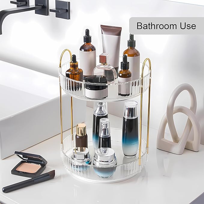 YCIA&DONE 360 Rotating Makeup Organizer and Storage for Vanity Bathroom Countertop, High Capacity Cosmetic Skincare Perfume Organizers for Dresser Lazy Susan (Clear White,2 Tiers)