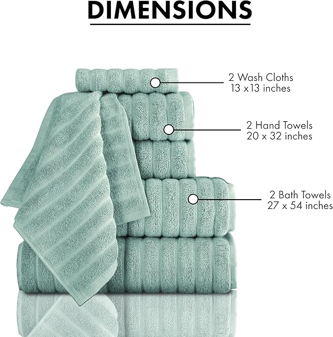Classic Turkish Towels CTT Luxury 6 Piece Towel Set, 100% Turkish Cotton, Quick Drying, Highly Absorbent & Comfy, Includes 2 Bath Towels, 2 Hand Towels & 2 Washcloths | (Spa Green)