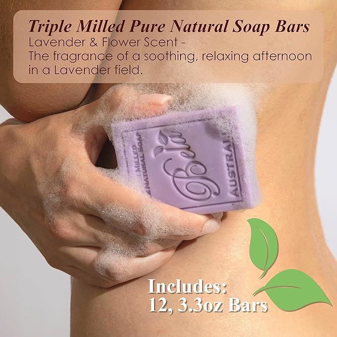 BELA Lavender Soap 3.3 OZ, Pack of 12, Long Lasting French Triple Milled Bar Soap with Organic Shea Butter, Hand, Face and Body Wash Bars, Made in Australia