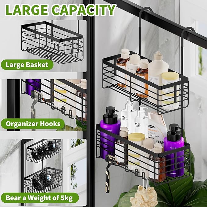 SHANSHUI Shower Hanging Caddy, Double Bathroom Showers Organizer Basket, Shampoo Bracket, Over Door Shower Rack with Hooks, 304 Stainless Steel Rustproof