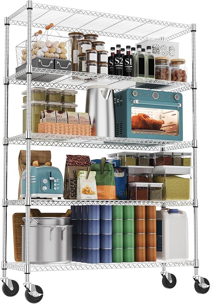 5 Tiers Shelf 1750 lbs Steel Storage Shelving Utility Shelving Unit Steel Organizer Wire Rack for Home,Kitchen,Office,Garage Chrome 17.7" D x 47.2" W x 76.8" H