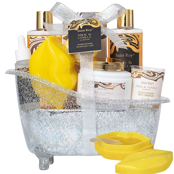 Spa Gift Basket, Luxury bath kit Christmas Gifts for Women, Bath and Body Almond Milk Vanilla Spa Gifts for Women, Bath Gift Set Shower Gel, Scent Lotion, Lip Mask, Birthday Holiday Bridal Shower