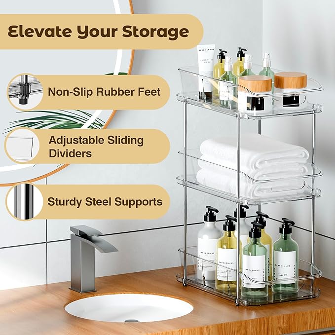 3 Tier Under Sink Organizer and Storage - Multi-Purpose Stackable Pantry Organizer with Pull-Out Clear Bins and Movable Dividers for Kitchen and Bathroom Cabinet