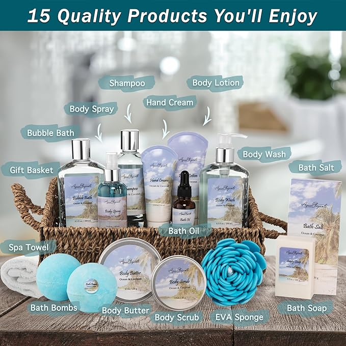 Bath Spa Gift Sets - Luxury Basket With Ocean & Coconut - Spa Kit Includes Wash, Bubble Bath, Lotion, Bath Salts, Body Scrub, Body Spray, Shower Puff, Bathbombs, Soap in Wooden Basket