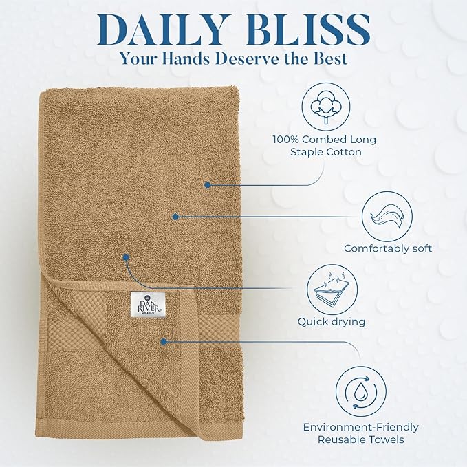 DAN RIVER 6-Pack Premium Hand Towels (16x28 Inches) - 100% Cotton, Ultra Soft, Lightweight, Highly Absorbent Towels for Bathroom, Spa, Gym, Salon, Hotel, and Travel - 550 GSM – Tan
