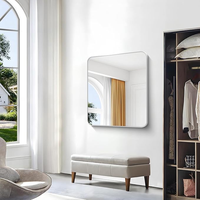 BONEWEI Silver Bathroom Mirror,30x36 inch Wall Mirror for Bathroom Wall Mounted,Rectangle Mirror for Bathroom Over Sink,Modern Frame Round Corner for Living Room,Bedroom Entryway,Horizontal/Vertical