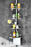 HAMITOR Corner Shower Caddy Tension Pole: Rustproof 4-Tier Bathroom Organizer Shelves for Bathtub Shampoo Storage - 47-121 Inch Quick Install Adjustable Rod Standing Rack with Soap Rack - Silver Gray