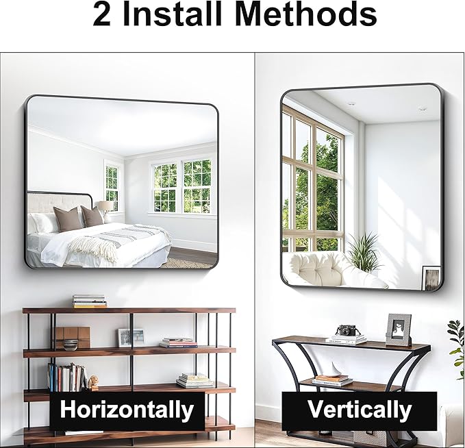 BONEWEI Black Bathroom Mirror,40x48 inch Wall Mirror for Bathroom Wall Mounted,Rectangle Mirror for Bathroom Over Sink,Modern Frame Round Corner for Living Room,Bedroom Entryway,Horizontal/Vertical