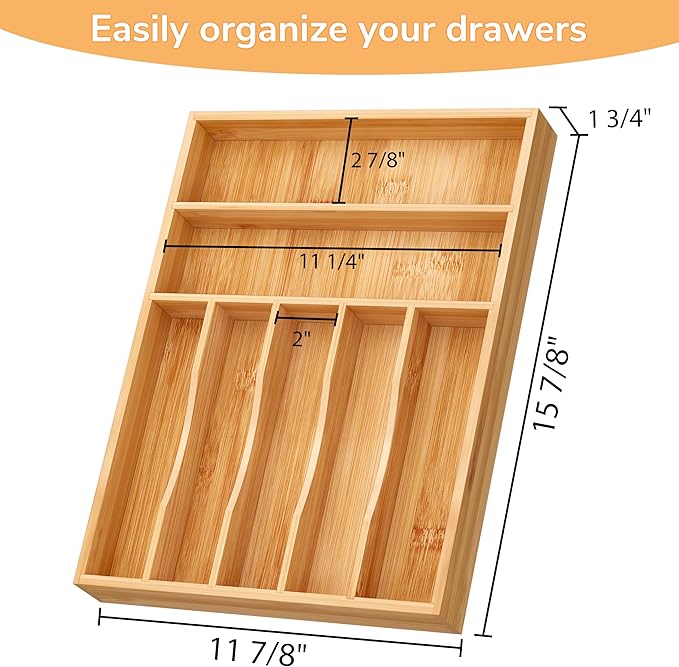 BAMEOS Bamboo Silverware Drawer Organizers, 11.9 inch Utensil Drawer Organizer for Kitchen Drawers, 7 Slots Total Large Flatware Organizer for Knives Cutlery Spoons Forks (Natural)