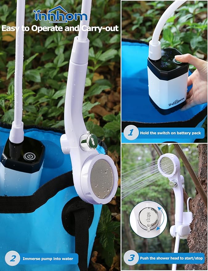 innhom Portable Camping Shower, 6000mAh Rechargeable Camp Shower Pump with LED Display, 2 Mode Electric Portable Shower for Camping, Hiking, Travelling, Washing