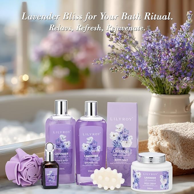 Christmas Gifts for Women - 8 Pcs Lavender Bath and Body Gift Set for Women, Spa Gift Basket | Mothers Day Gifts for Mom, Birthday Gifts, Self Care & Pampering Gifts, All Occasion Holiday Present