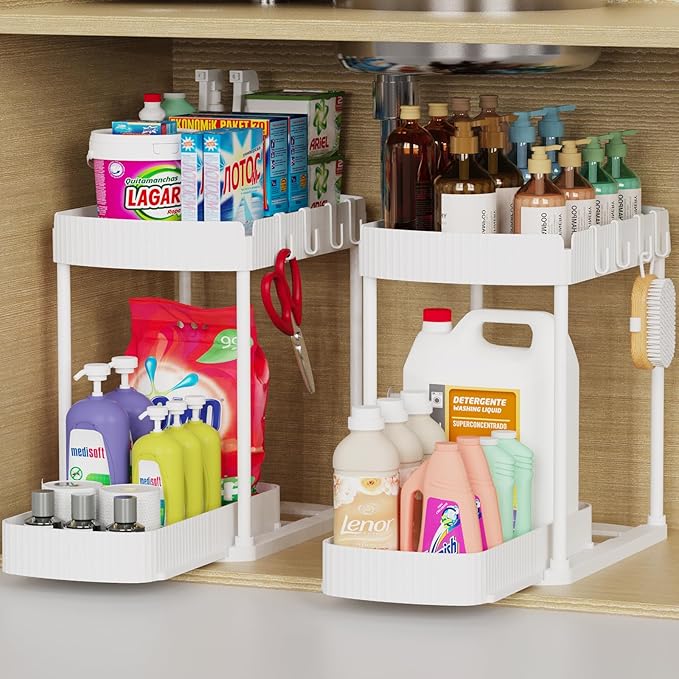 2 Pack Multi-Purpose Pull-Out Storage Organizers, Under Sink Organizers and Storage for Bathroom & Kitchen, Under Cabinet Organizers and storage, 14.8 Inch, White