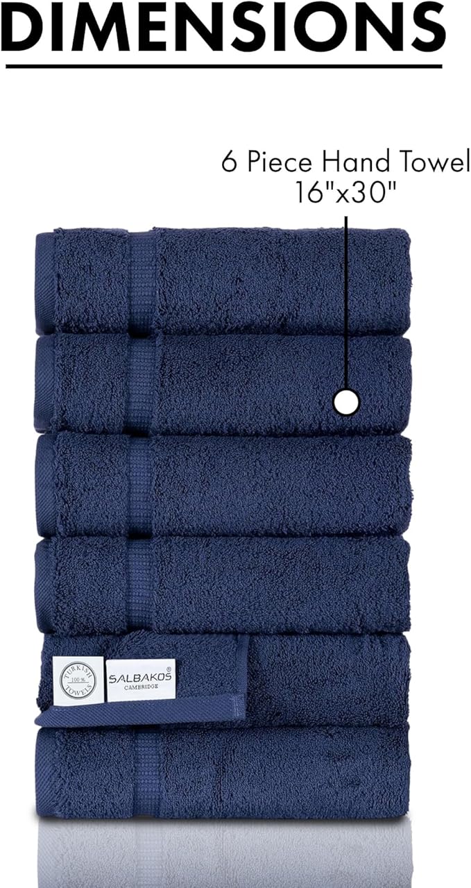 SALBAKOS 100% Turkish Cotton Hand Towel Set of 6 16x30 inch | Heirloom Quality | Hotel & Spa Collection | Ultra Soft, Super Absorbent, Long Lasting Hand Towels | Made in Turkey (Navy, 6 Hand Towels)