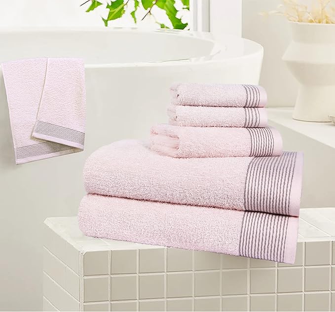 Belizzi Home 100% Cotton Ultra Soft 6 Pack Towel Set, Contains 2 Bath Towels 28x55 inchs, 2 Hand Towels 16x24 inchs & 2 Washcloths 12x12 inchs, Compact Lightweight & Highly Absorbant - Pink