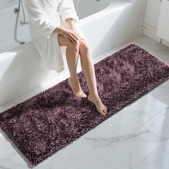 Yimobra Long Bathroom Rugs Runner 70x24 Inch, Extra Thick Soft Absorbent Chenille Bath Mat, Non Slip Machine Washable, Quick Dry Bath Rugs for Bathroom Floor, Tub and Shower, Purple Grey