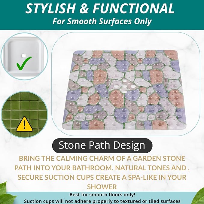 ENKOSI Square Shower Mat 21x21 inch - Anti Slip Shower Stall Floor Mat - Non Slip Shower Mats with Strong Secure Suction Cups and Drain Holes in Middle (21x21 Stone Path)