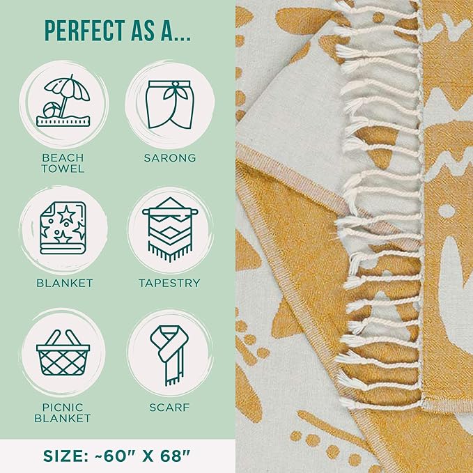 Sand Cloud Large Turkish Beach Towel - Sand Free - 100% Organic Turkish Cotton Yarn - Quick Dry Towel for Beach, Picnic Blanket or Throw - As Seen on Shark Tank - Boho Honey XL