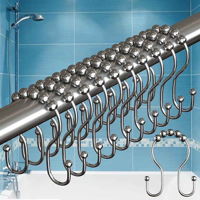BigFoot Shower Curtain Hooks, Stainless Steel, Rust Resistant, Easy Installation & Smooth Glide, Fits Standard Shower Rods, 2 Hook Rings Hold Liners & Curtains, 12 Pieces, Nickel Color